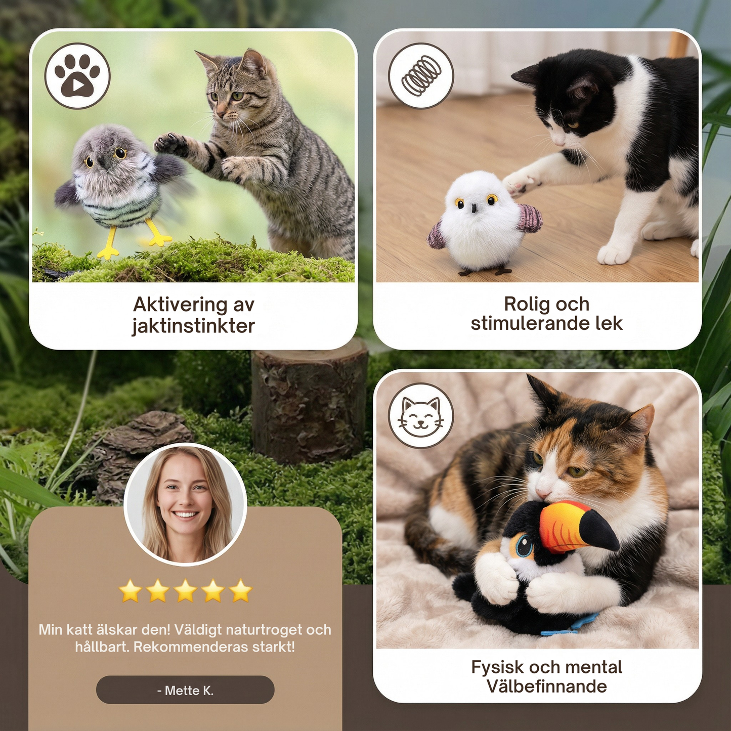 Kattens Fågelbyte. Fladdrande, kvittrande fågelleksak för katt
