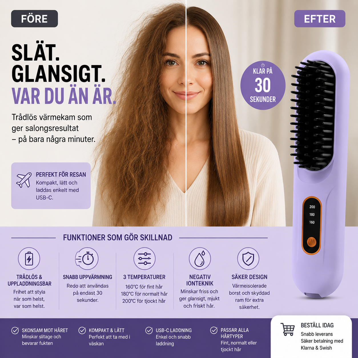 SilkesKam™ – Trådlös Värmekam för Snabb och Skonsam Styling