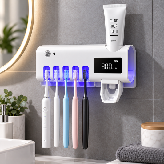TandTrygg™ – 3-i-1 UV Tandborsthållare med Tandkrämsdispenser