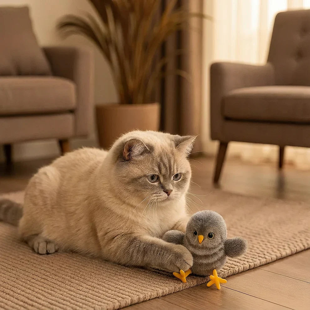 Kattens Fågelbyte. Fladdrande, kvittrande fågelleksak för katt